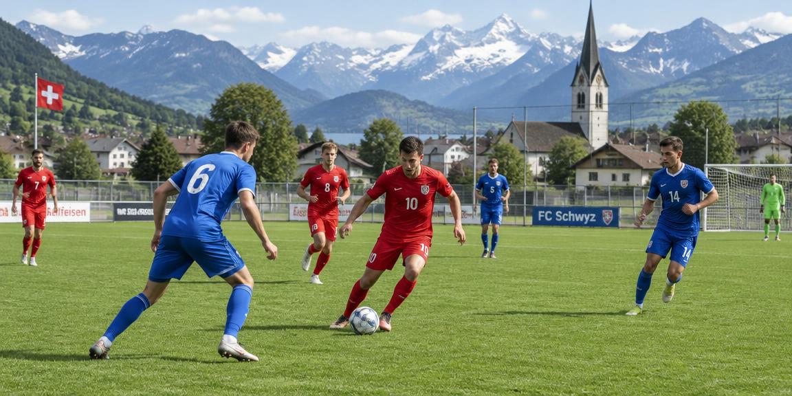 Amateur footballers playing on a green pitch in a Swiss town with the Alps behind